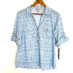 NWT Rebecca Malone Shirt Women's Large Blue White Geometric Roll Tab Sleeve Top